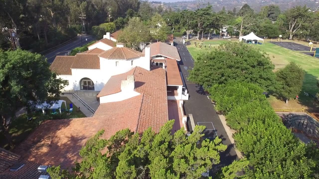 An aerial view of the Cold Spring School campus on Sycamore Canyon Road, in a frame from the district's own campus video. The district describes the school as a TK-6 public school serving approximately 194 students.