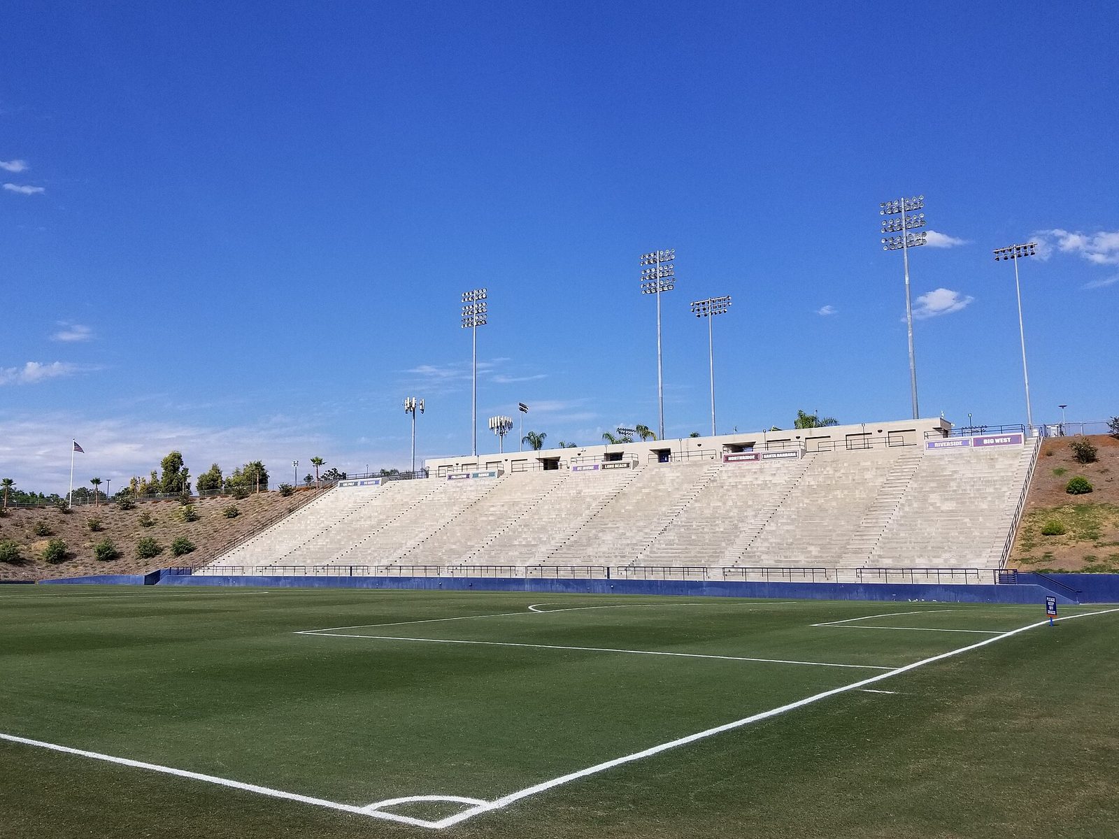 The away stands and pitch at Titan Stadium in Fullerton