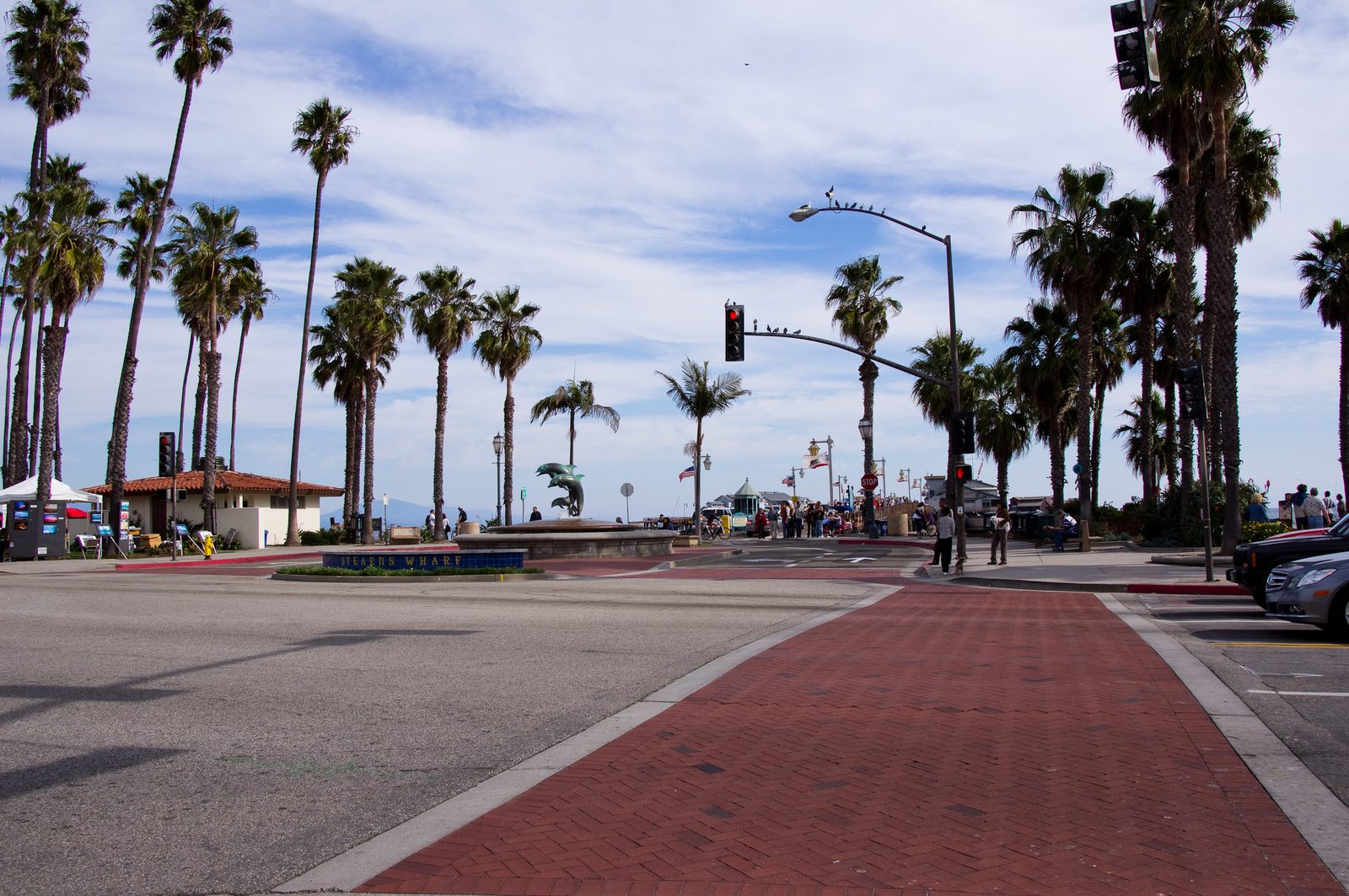 The dolphin fountain at Stearns Wharf, near where demonstrators gathered Saturday at West Beach.